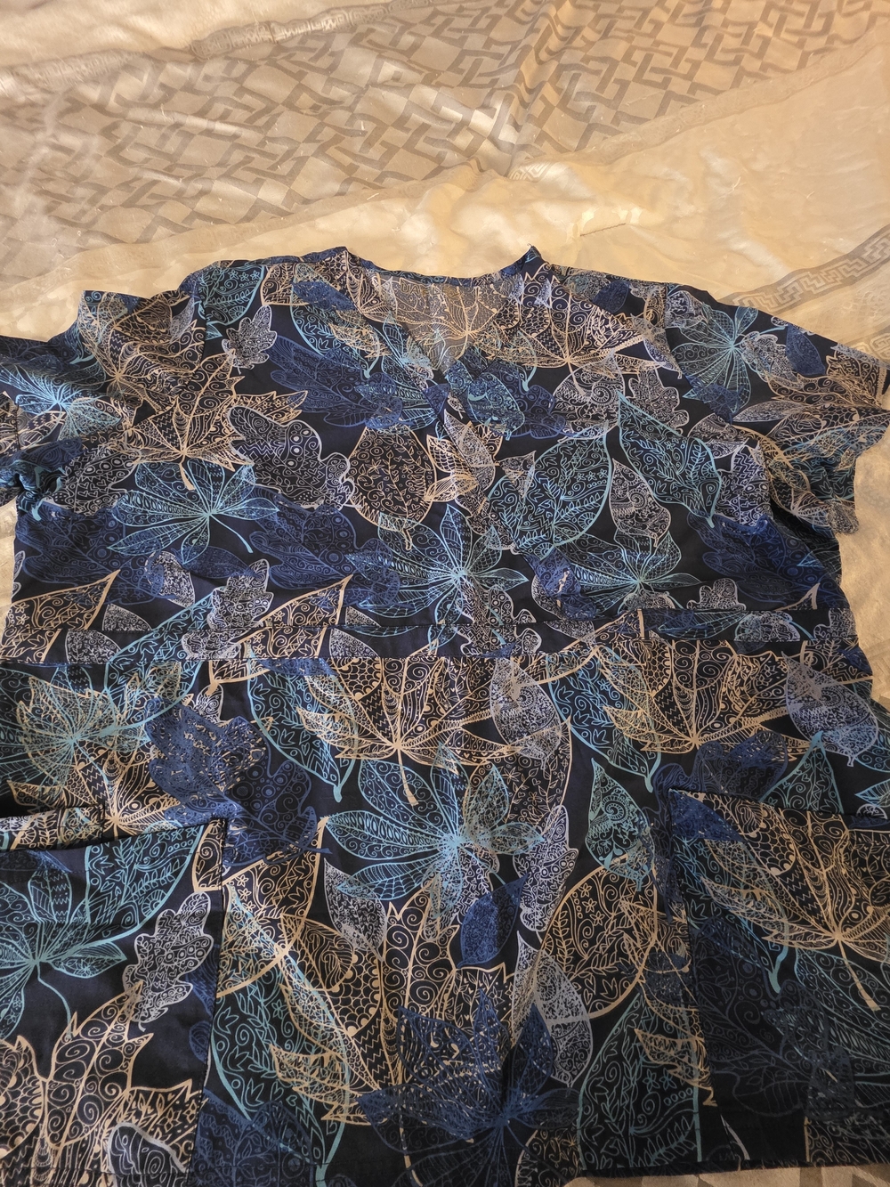 Uniform Advantage Blue Leaf-Print Women’s Scrub Top
